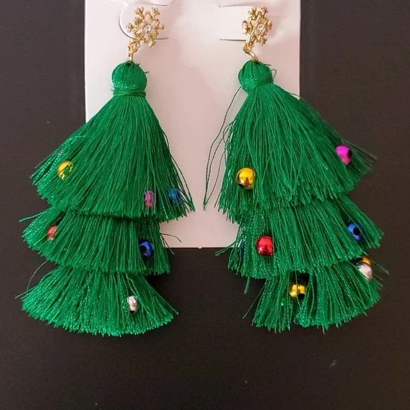 Pierced Christmas Tree Tassel Earrings - Picture 3 of 3